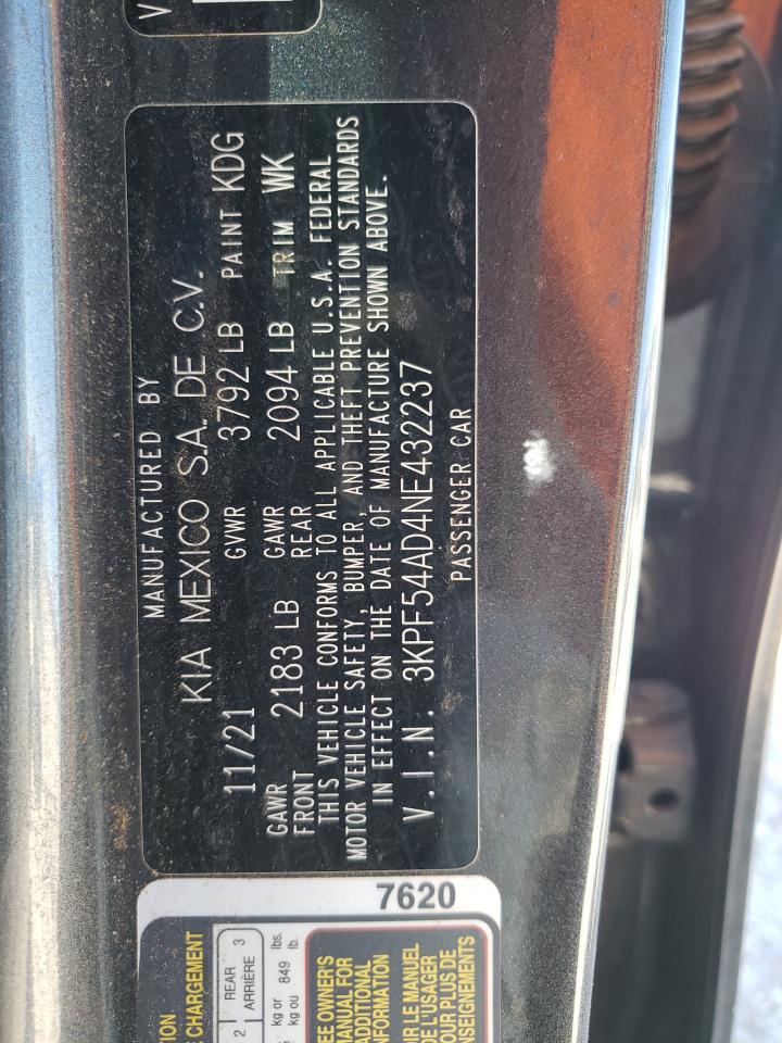 2022 KIA FORTE GT LINE VIN:3KPF54AD4NE432237