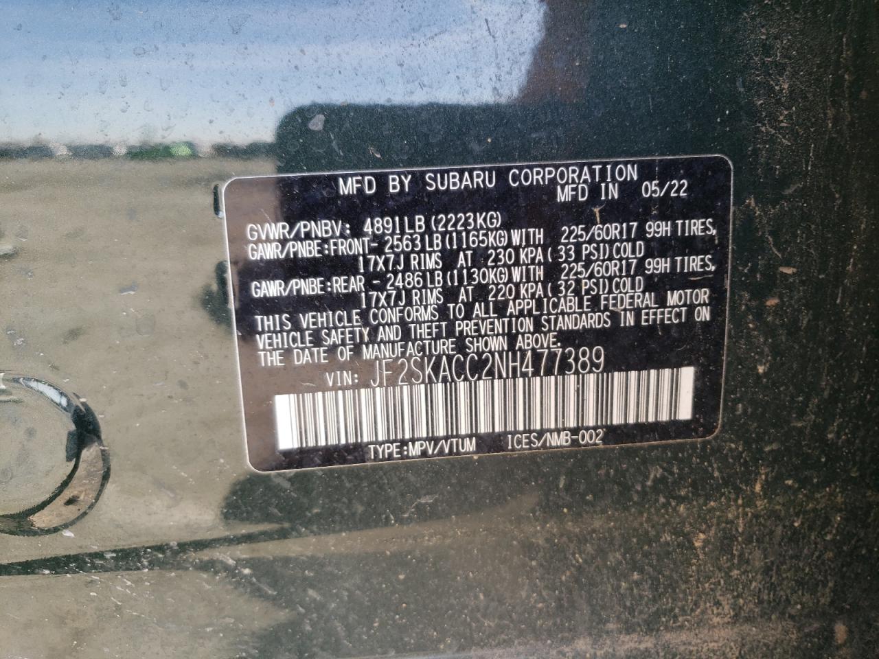 2022 SUBARU FORESTER  VIN:JF2SKACC2NH477389