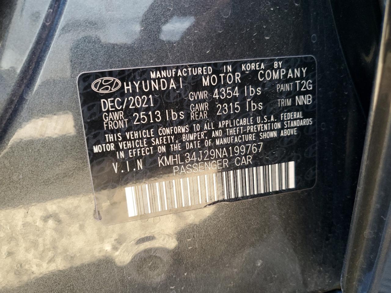 2022 HYUNDAI SONATA LIMITED VIN:KMHL34J29NA199767