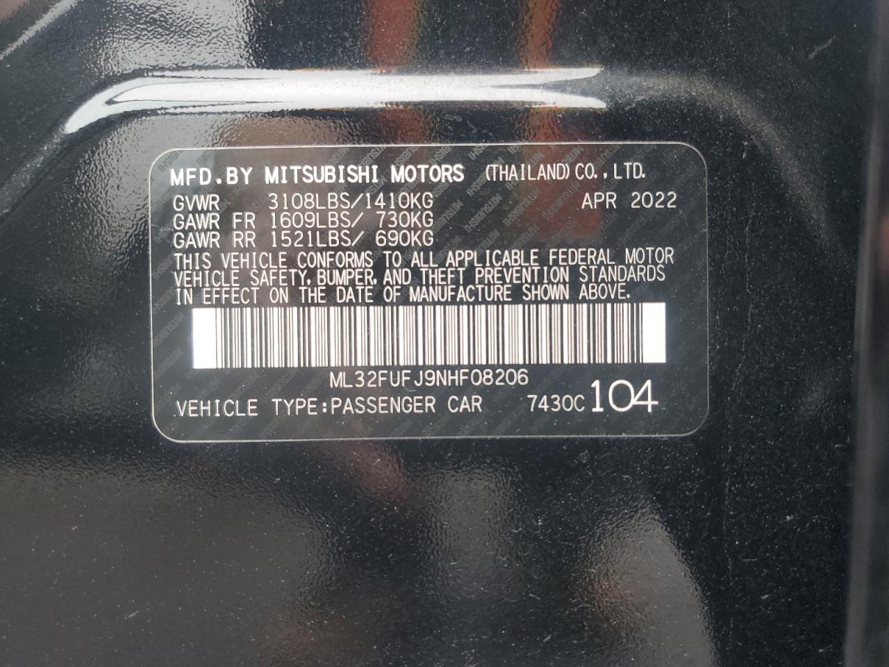 2022 MITSUBISHI MIRAGE G4 ES VIN:ML32FUFJ9NHF08206