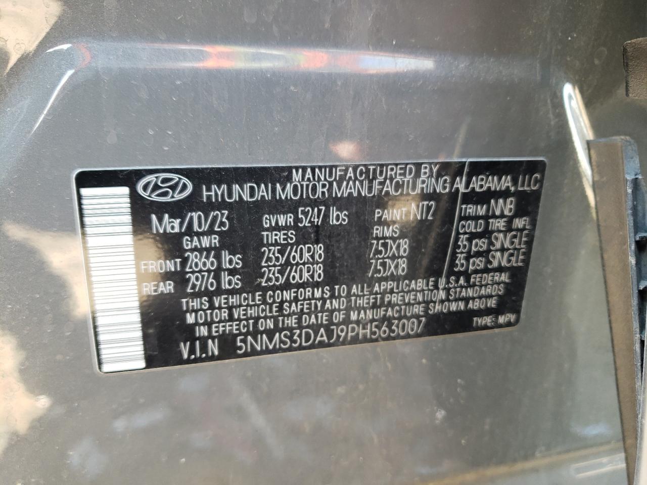 2023 HYUNDAI SANTA FE SEL PREMIUM VIN:5NMS3DAJ9PH563007