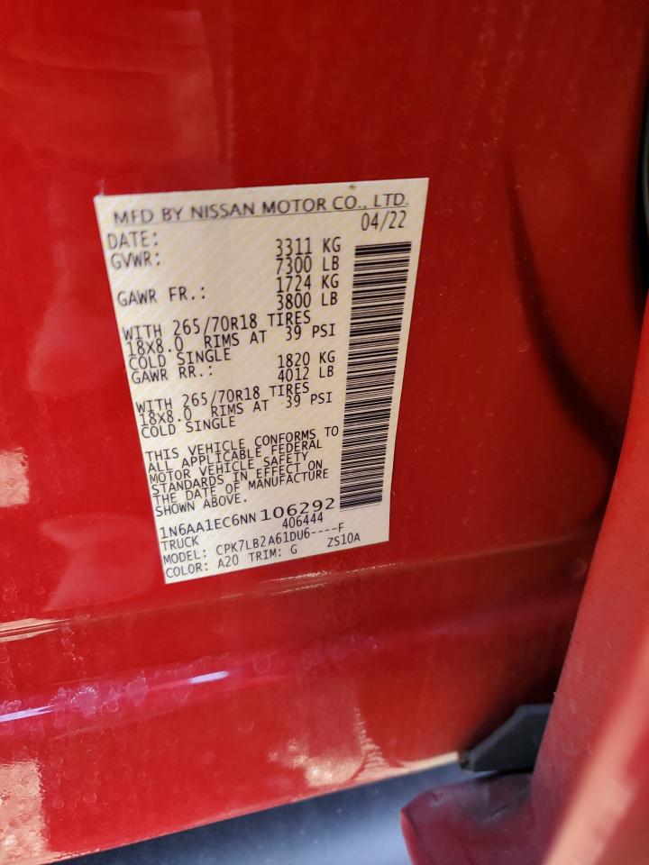 2022 NISSAN TITAN S VIN:1N6AA1EC6NN106292