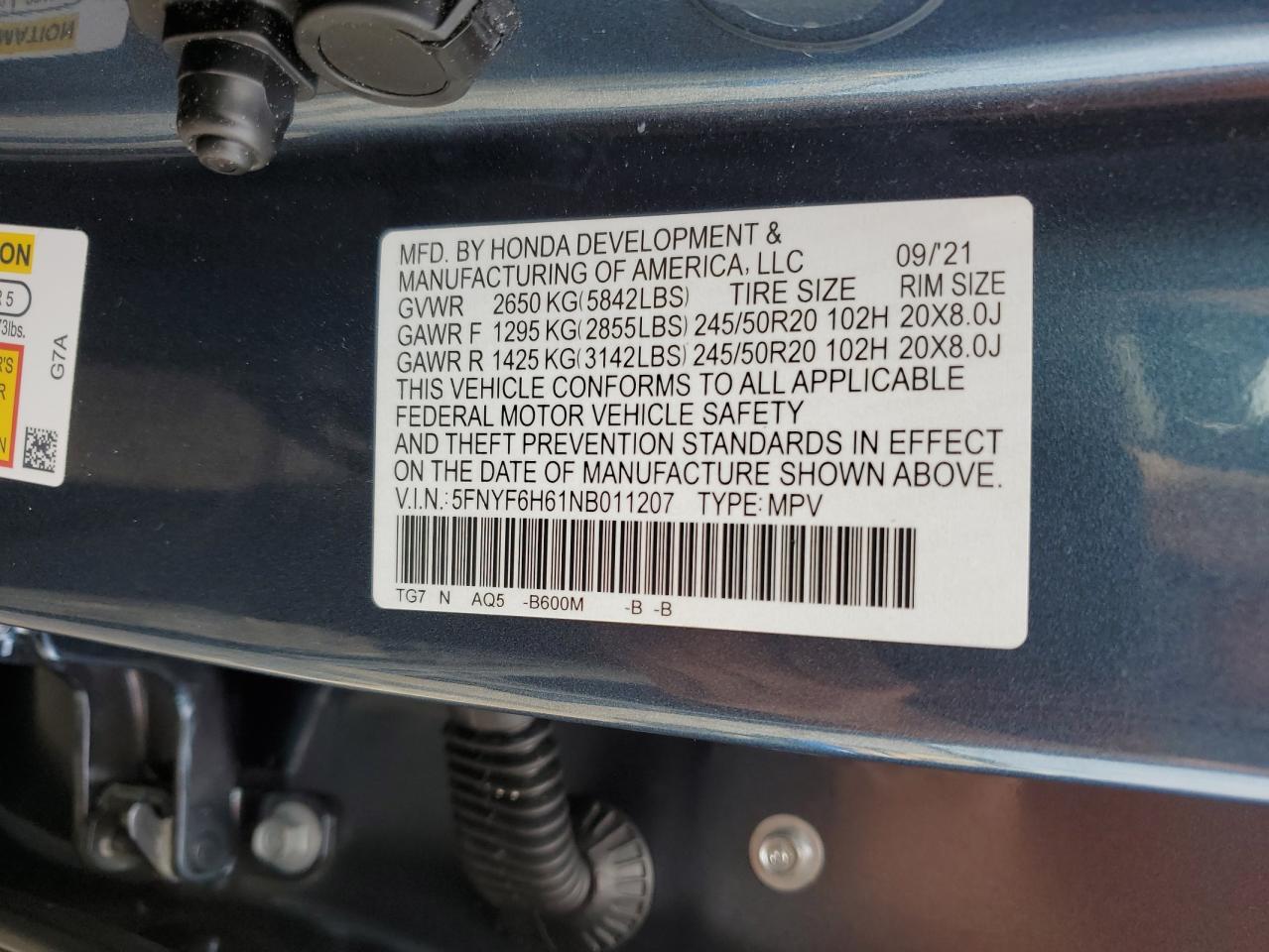 2022 HONDA PILOT TOURING VIN:5FNYF6H61NB011207