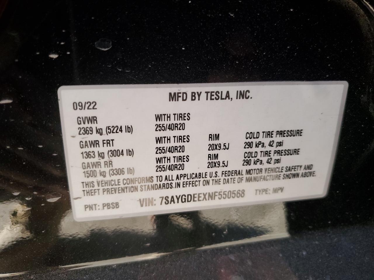 2022 TESLA MODEL Y VIN:7SAYGDEEXNF550568