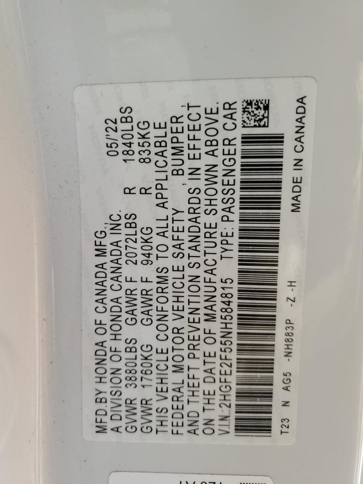 2022 HONDA CIVIC SPORT VIN:2HGFE2F55NH584815