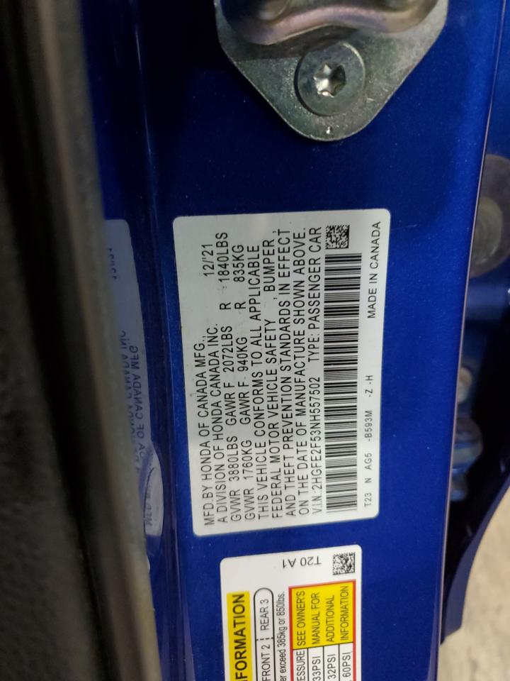 2022 HONDA CIVIC SPORT VIN:2HGFE2F53NH557502