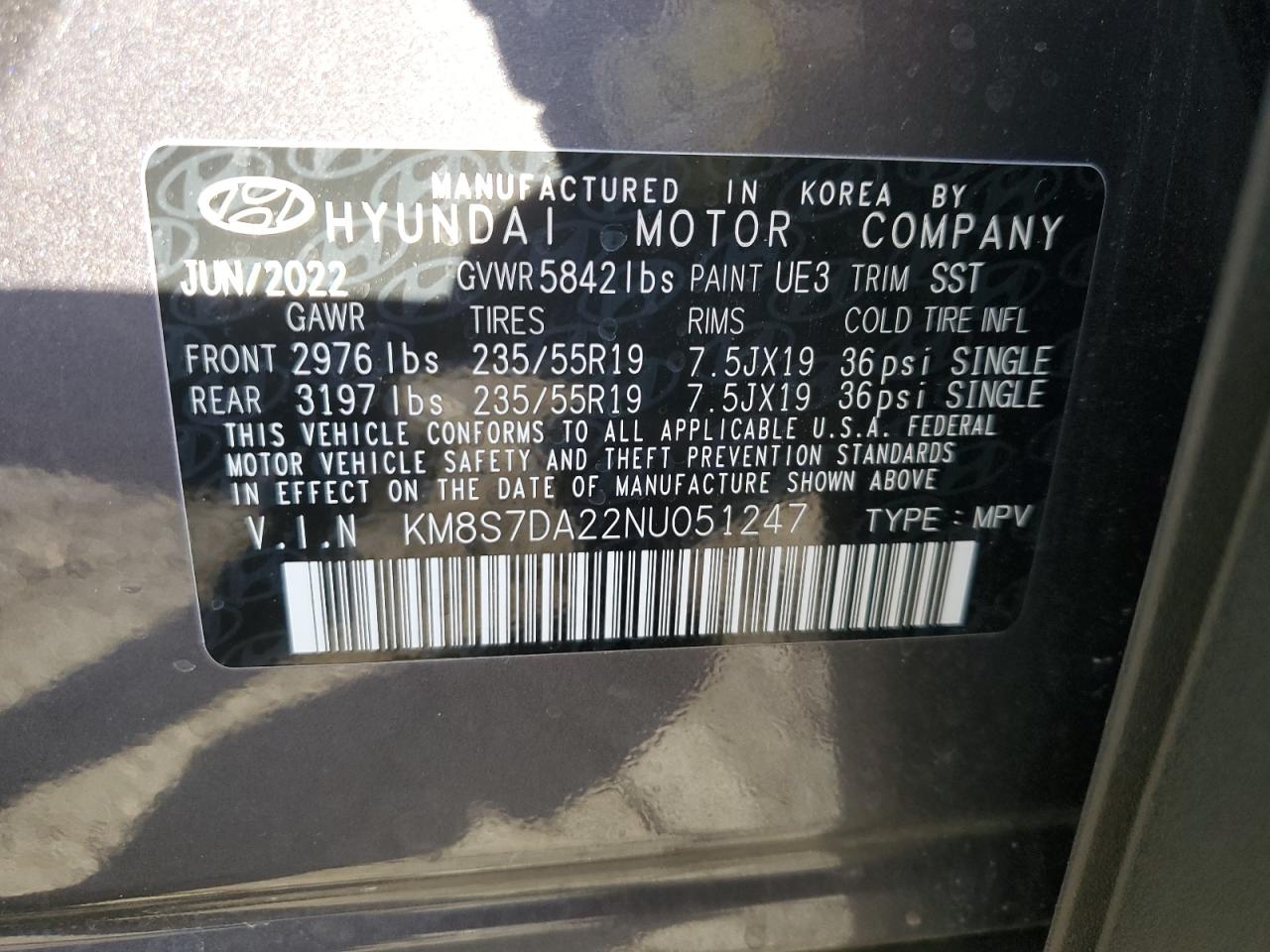 2022 HYUNDAI SANTA FE LIMITED VIN:KM8S7DA22NU051247