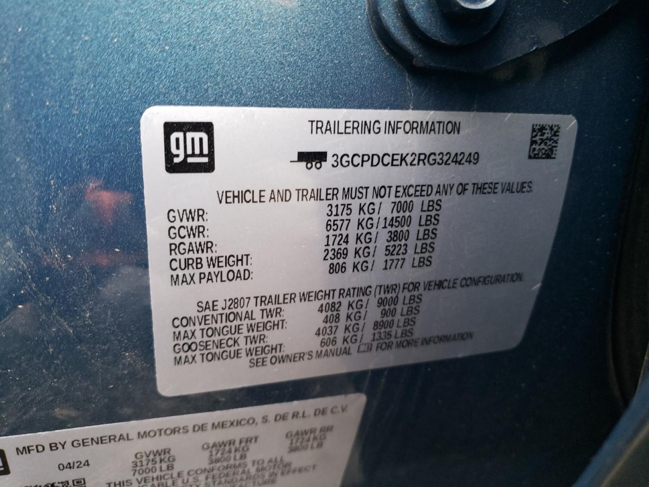 2024 CHEVROLET SILVERADO K1500 TRAIL BOSS CUSTOM VIN:3GCPDCEK2RG324249