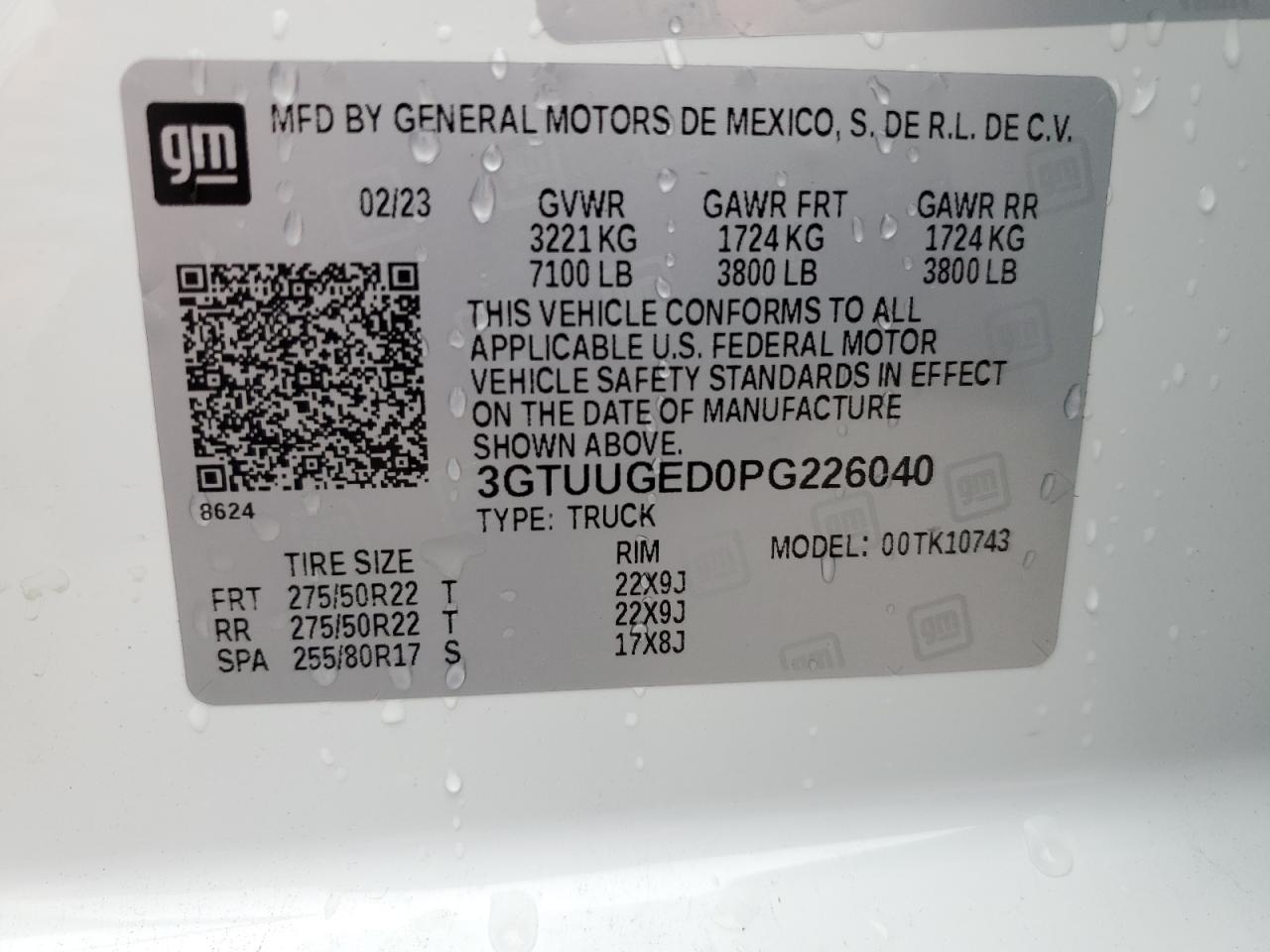 2023 GMC SIERRA K1500 DENALI VIN:3GTUUGED0PG226040