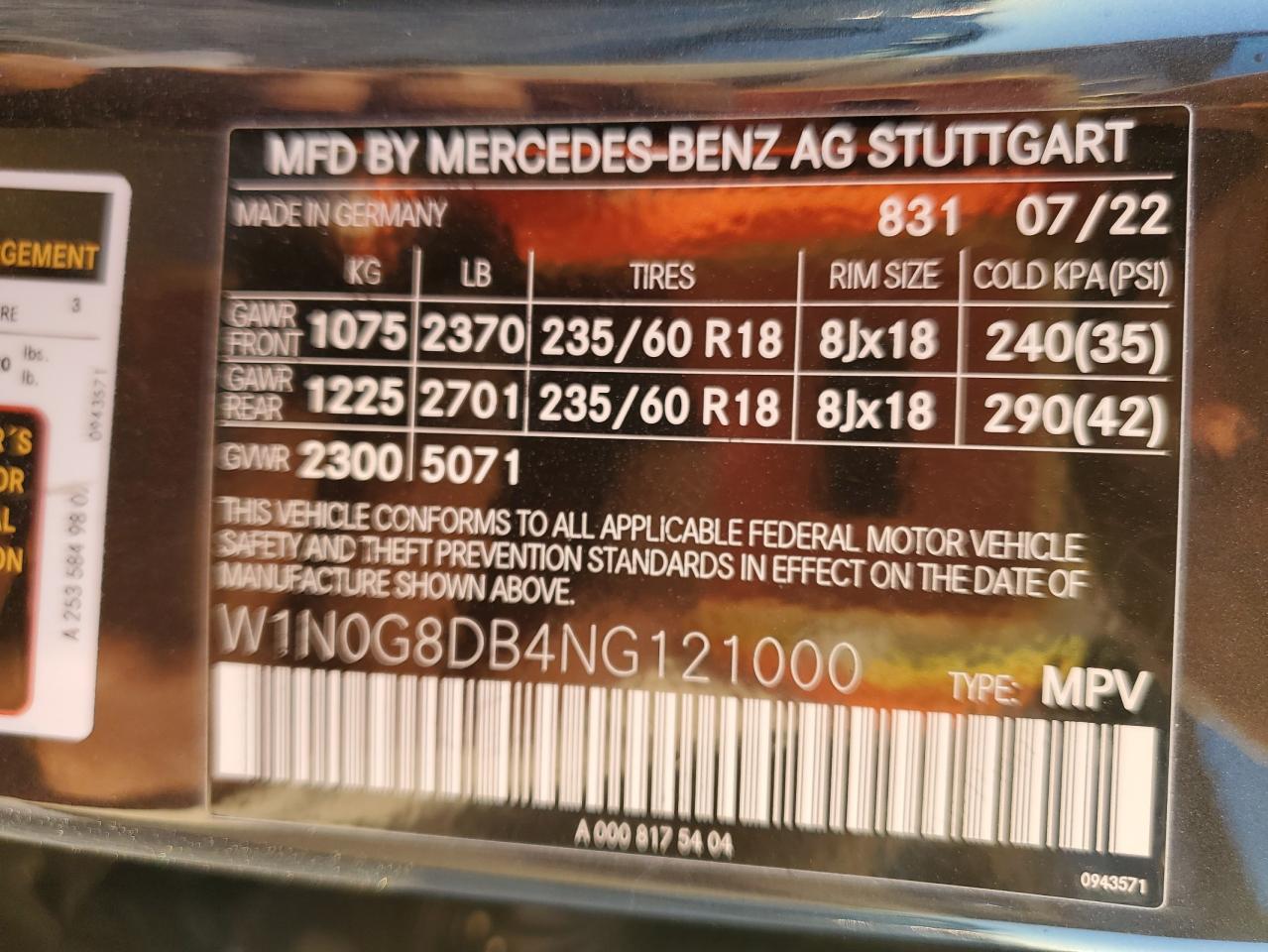 2022 MERCEDES-BENZ GLC 300 VIN:W1N0G8DB4NG121000
