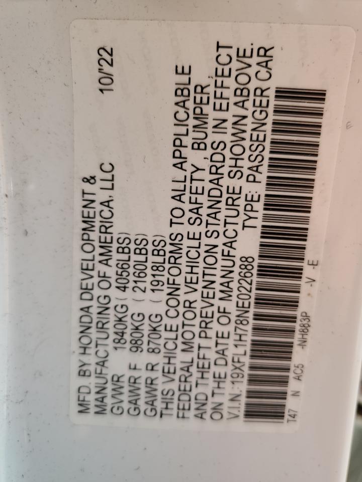 2022 HONDA CIVIC EXL VIN:19XFL1H78NE022688