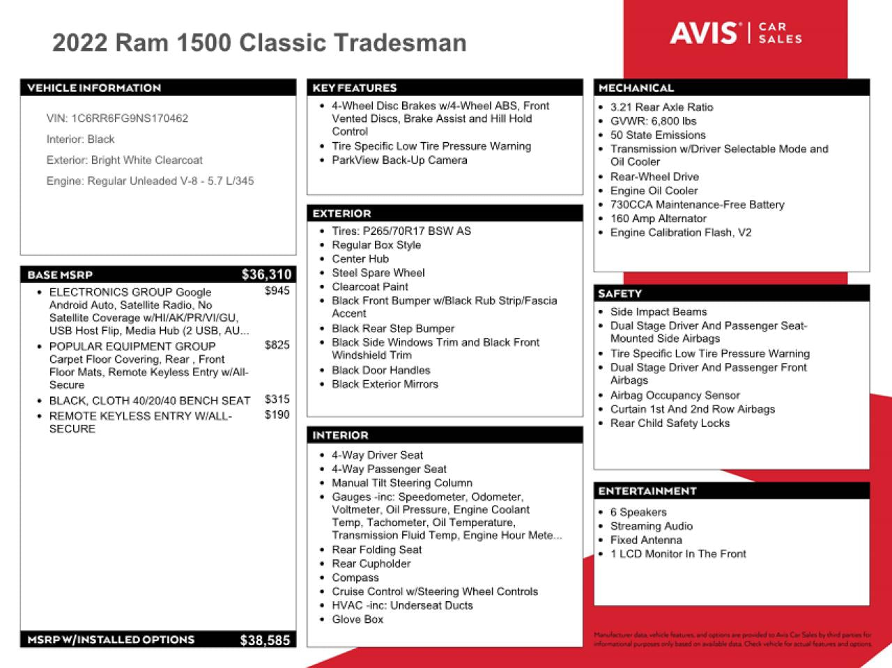 2022 RAM 1500 CLASSIC TRADESMAN VIN:1C6RR6FG9NS170462