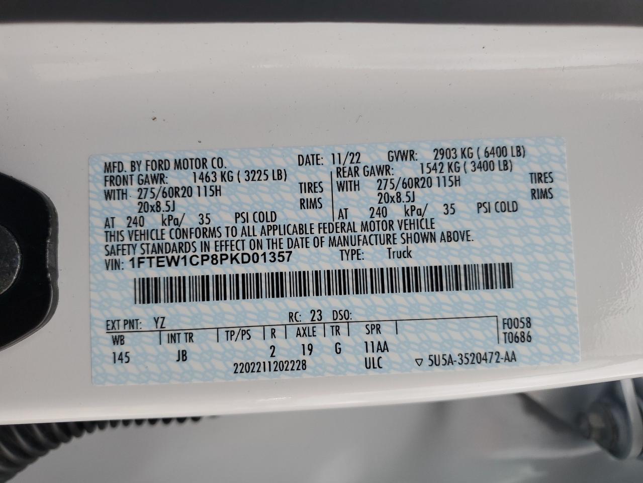 2023 FORD F150 SUPERCREW VIN:1FTEW1CP8PKD01357