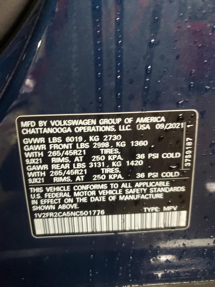 2022 VOLKSWAGEN ATLAS SEL PREMIUM R-LINE VIN:1V2FR2CA5NC501776