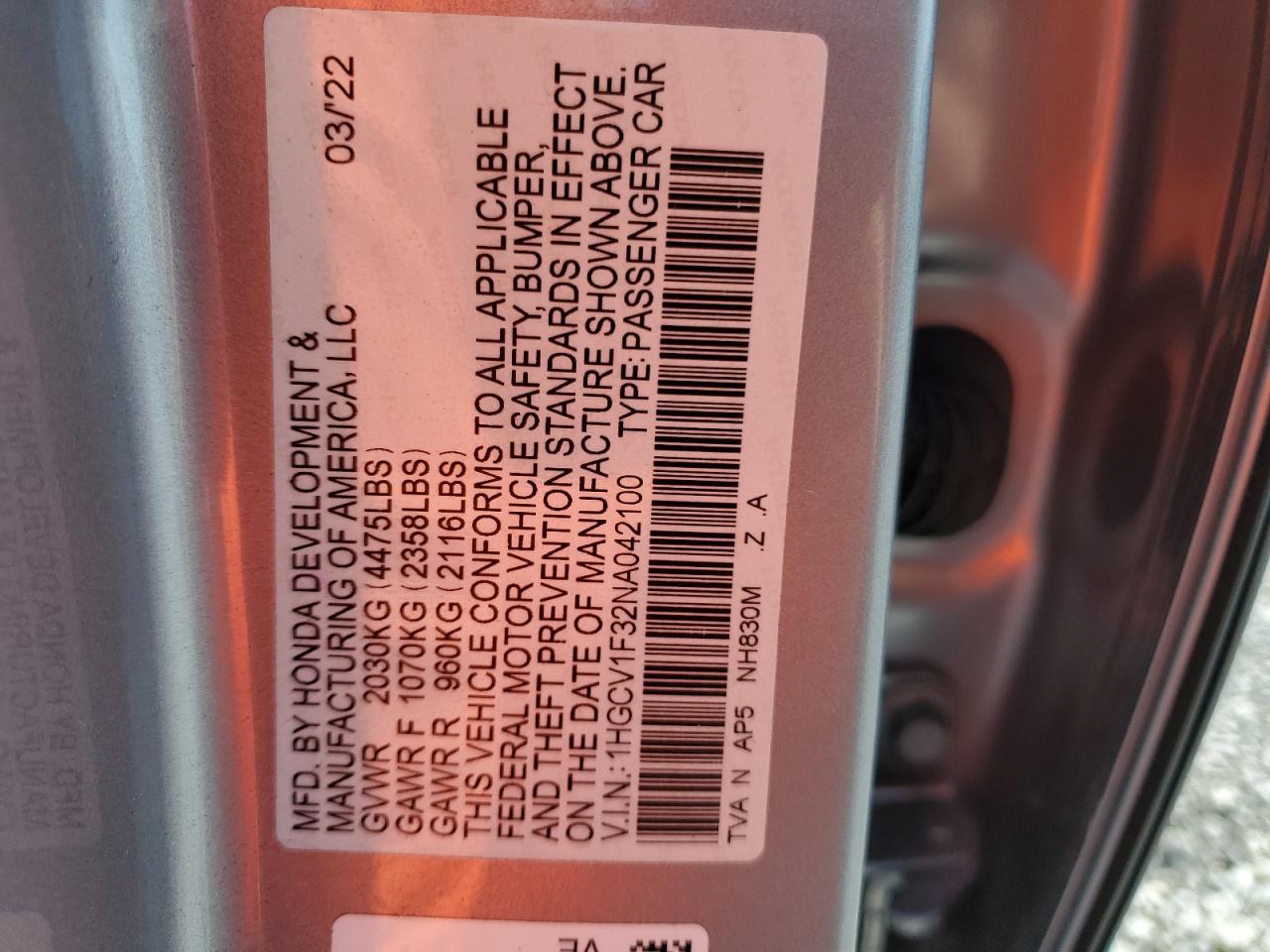 2022 HONDA ACCORD SPORT VIN:1HGCV1F32NA042100