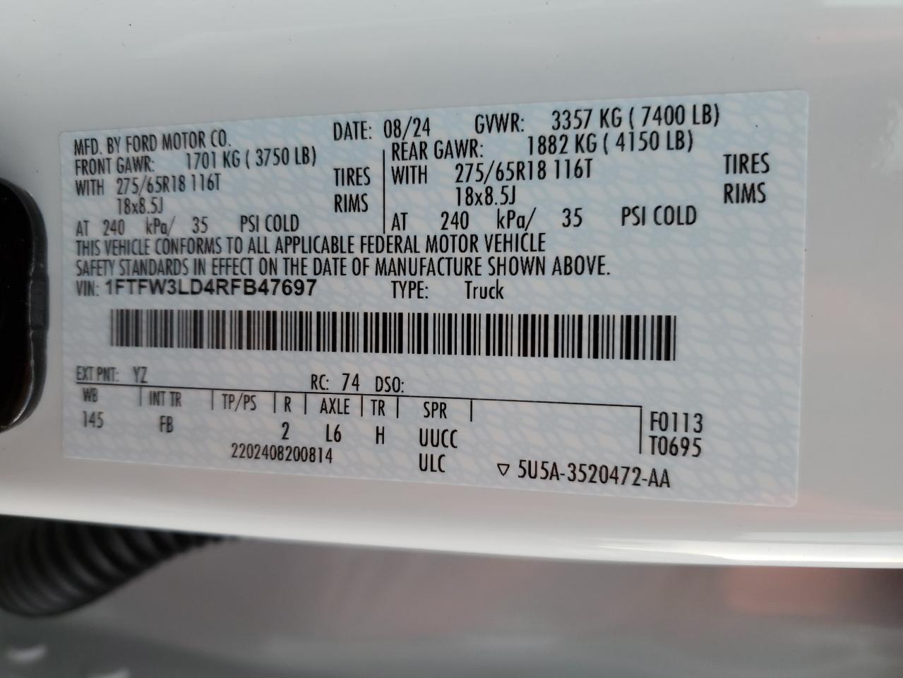 2024 FORD F150 XLT VIN:1FTFW3LD4RFB47697