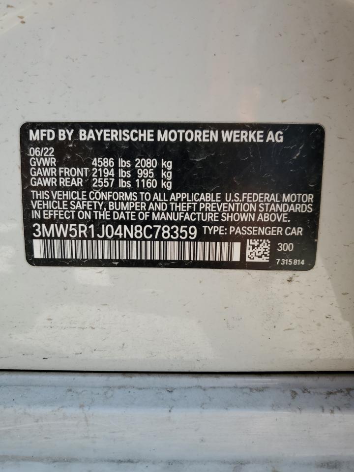 2022 BMW 330I  VIN:3MW5R1J04N8C78359