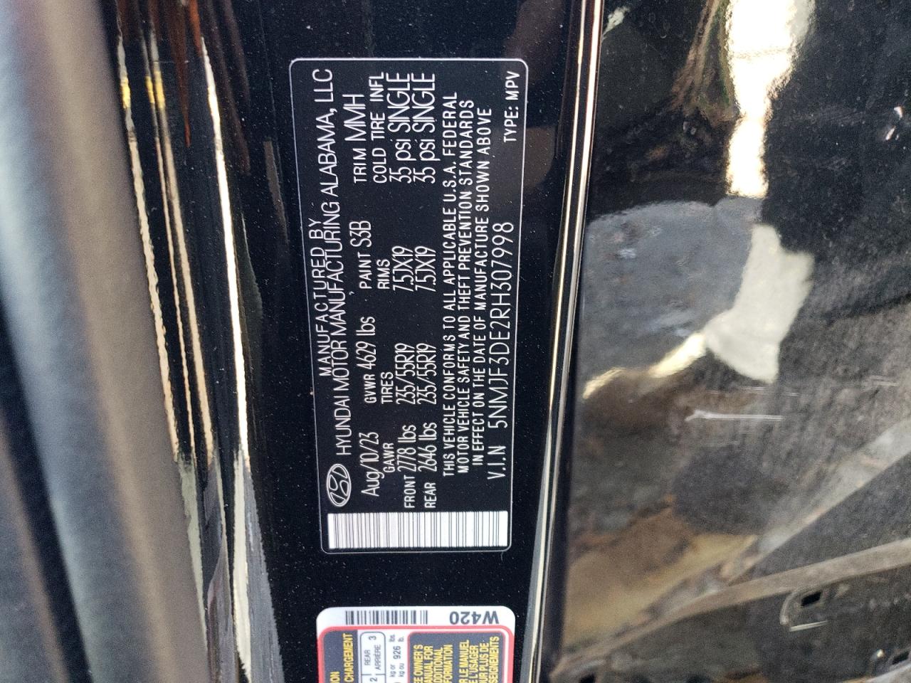 2024 HYUNDAI TUCSON SEL VIN:5NMJF3DE2RH307998