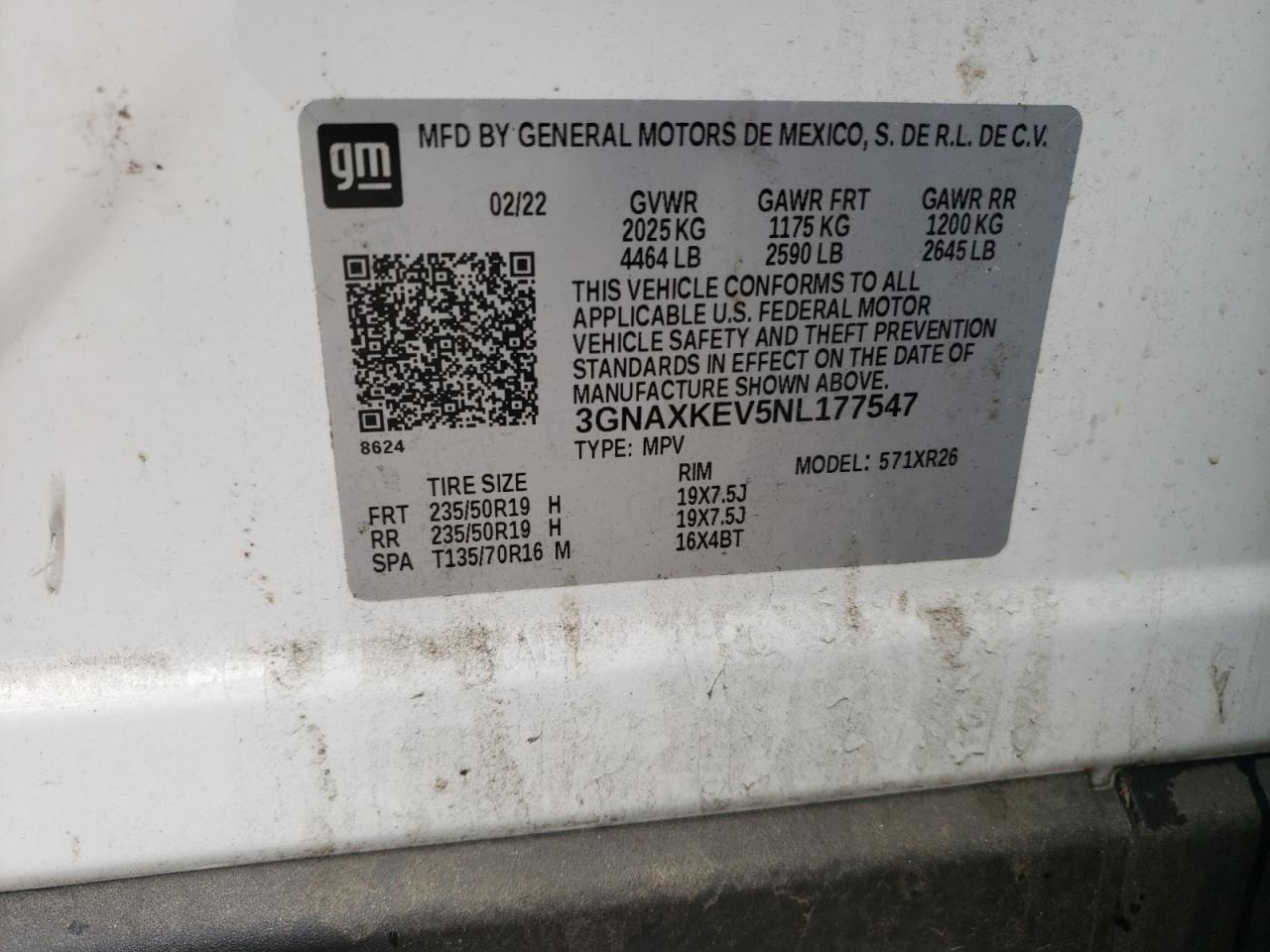 2022 CHEVROLET EQUINOX LT VIN:3GNAXKEV5NL177547