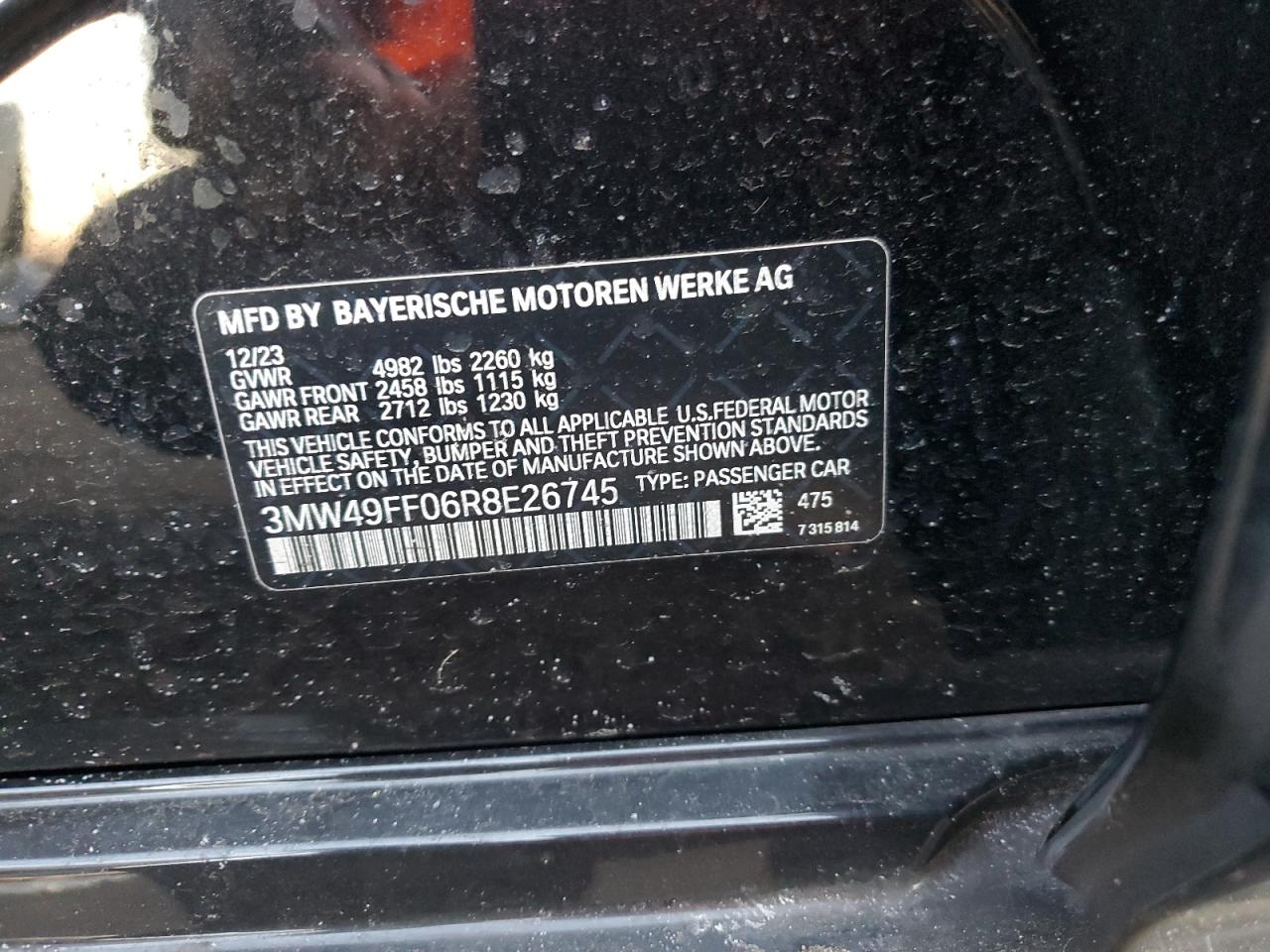 2024 BMW M340XI  VIN:3MW49FF06R8E26745