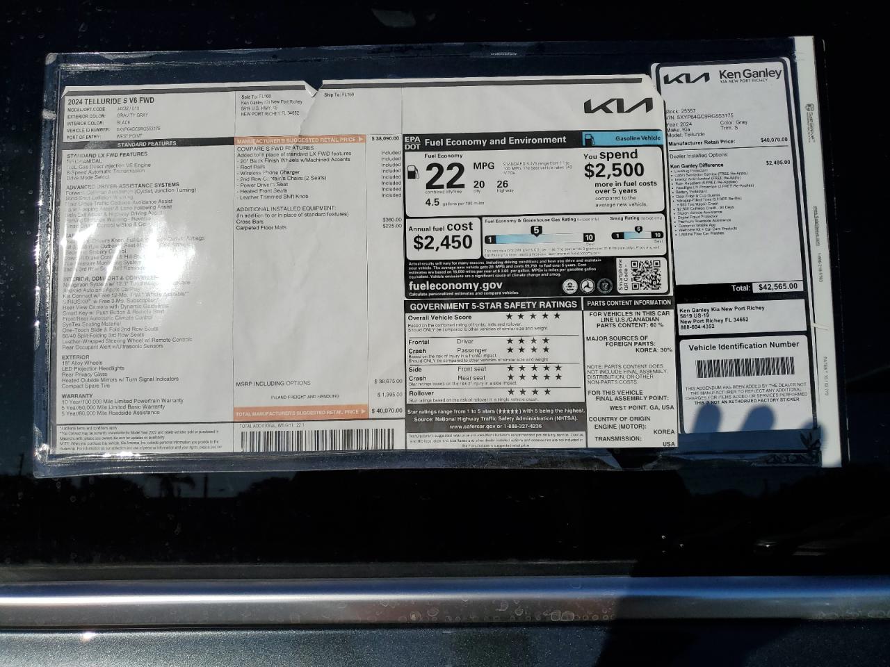 2024 KIA TELLURIDE S VIN:5XYP64GC9RG553175