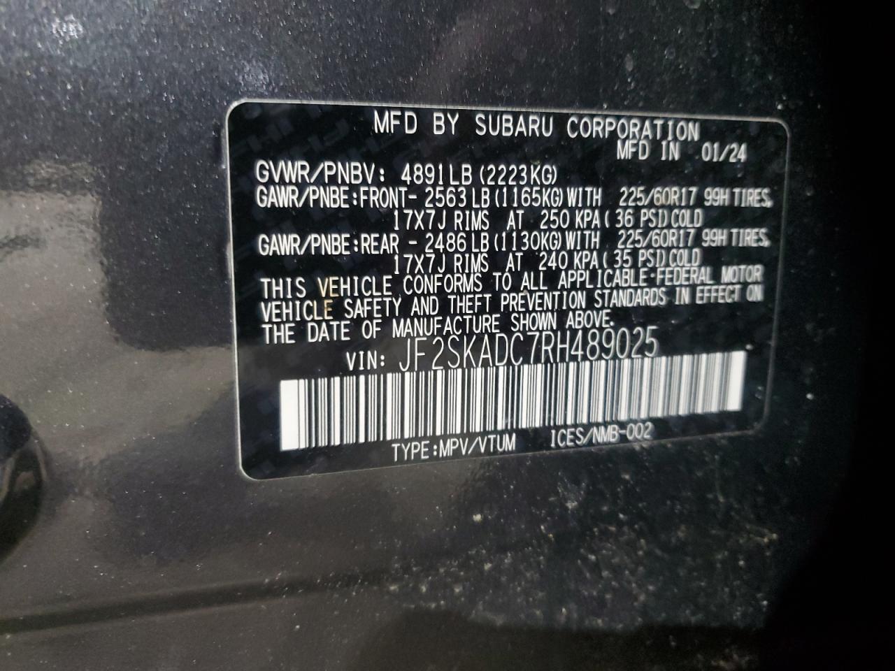 2024 SUBARU FORESTER PREMIUM VIN:JF2SKADC7RH489025