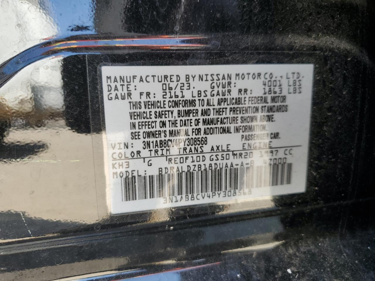 2023 NISSAN SENTRA SV VIN:3N1AB8CV4PY308568