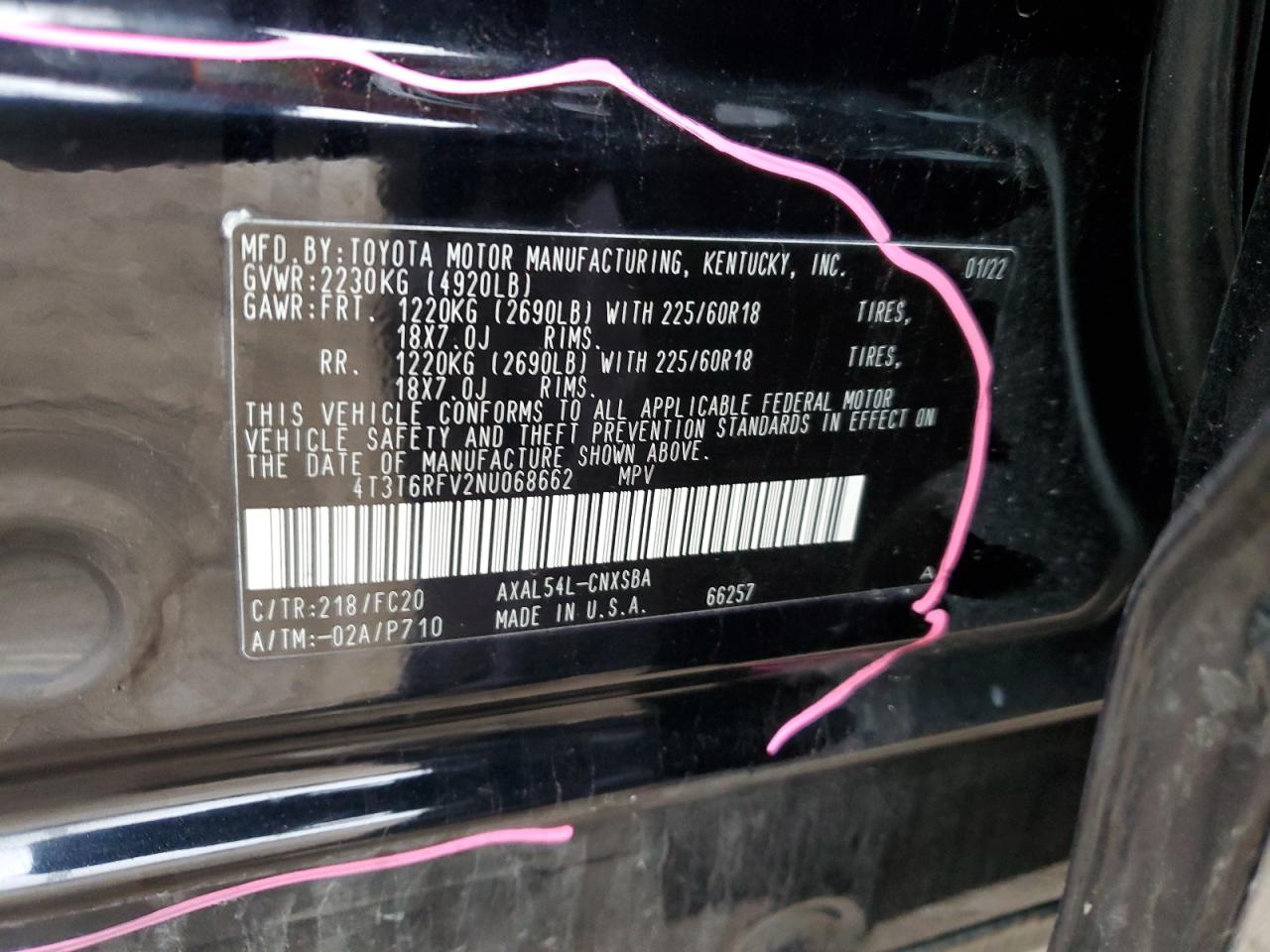 2022 TOYOTA RAV4 SE VIN:4T3T6RFV2NU068662