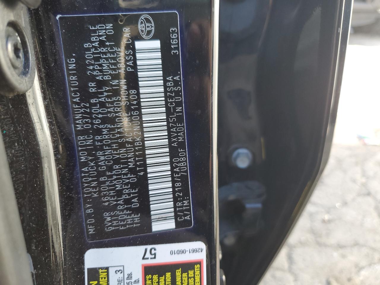 2022 TOYOTA CAMRY SE VIN:4T1T11BK2NU061408