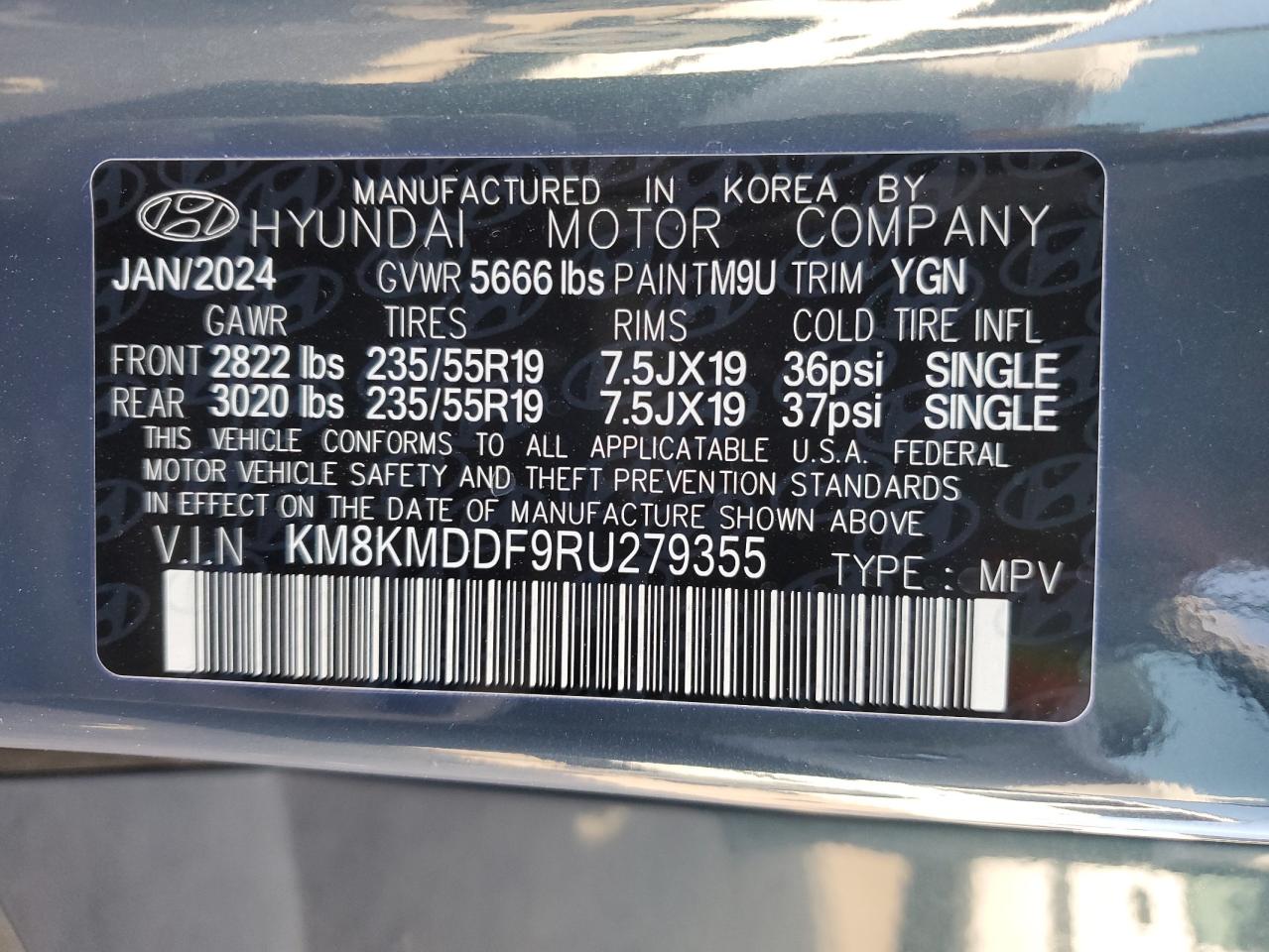 2024 HYUNDAI IONIQ 5 SE VIN:KM8KMDDF9RU279355