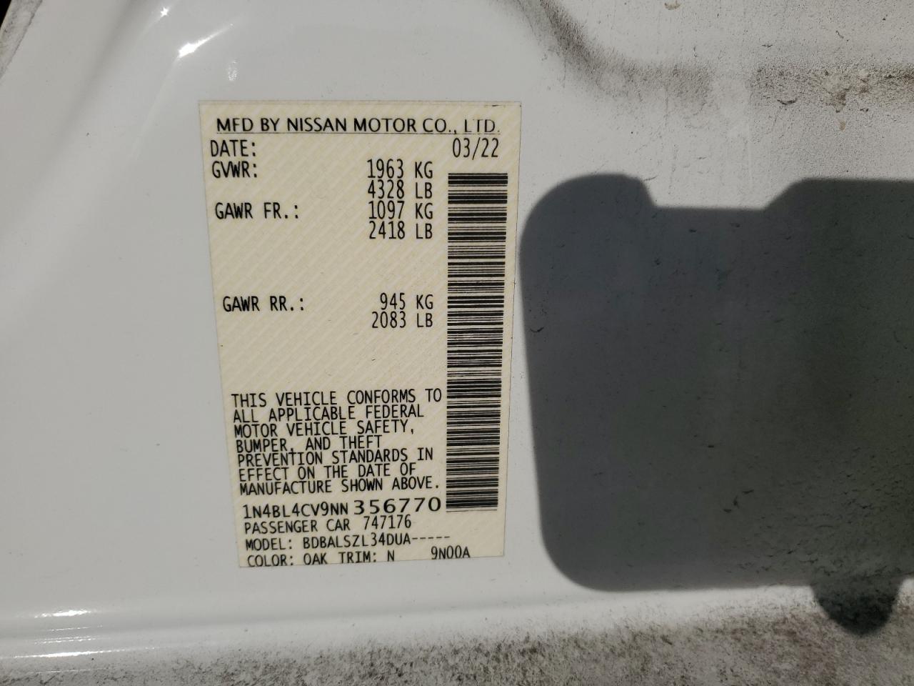 2022 NISSAN ALTIMA SR VIN:1N4BL4CV9NN356770