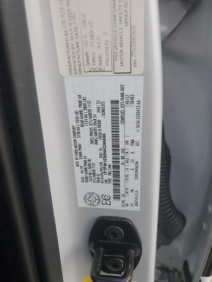 2022 FORD F150 SUPERCREW VIN:1FTFW1E80NKD96696