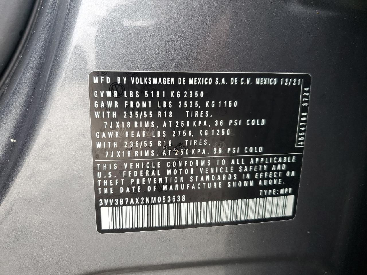 2022 VOLKSWAGEN TIGUAN SE VIN:3VV3B7AX2NM053638