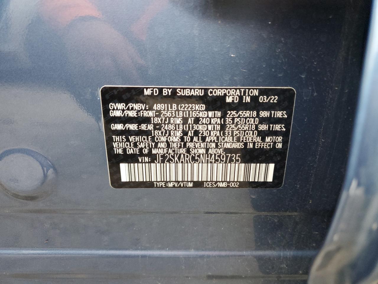 2022 SUBARU FORESTER TOURING VIN:JF2SKARC5NH459735