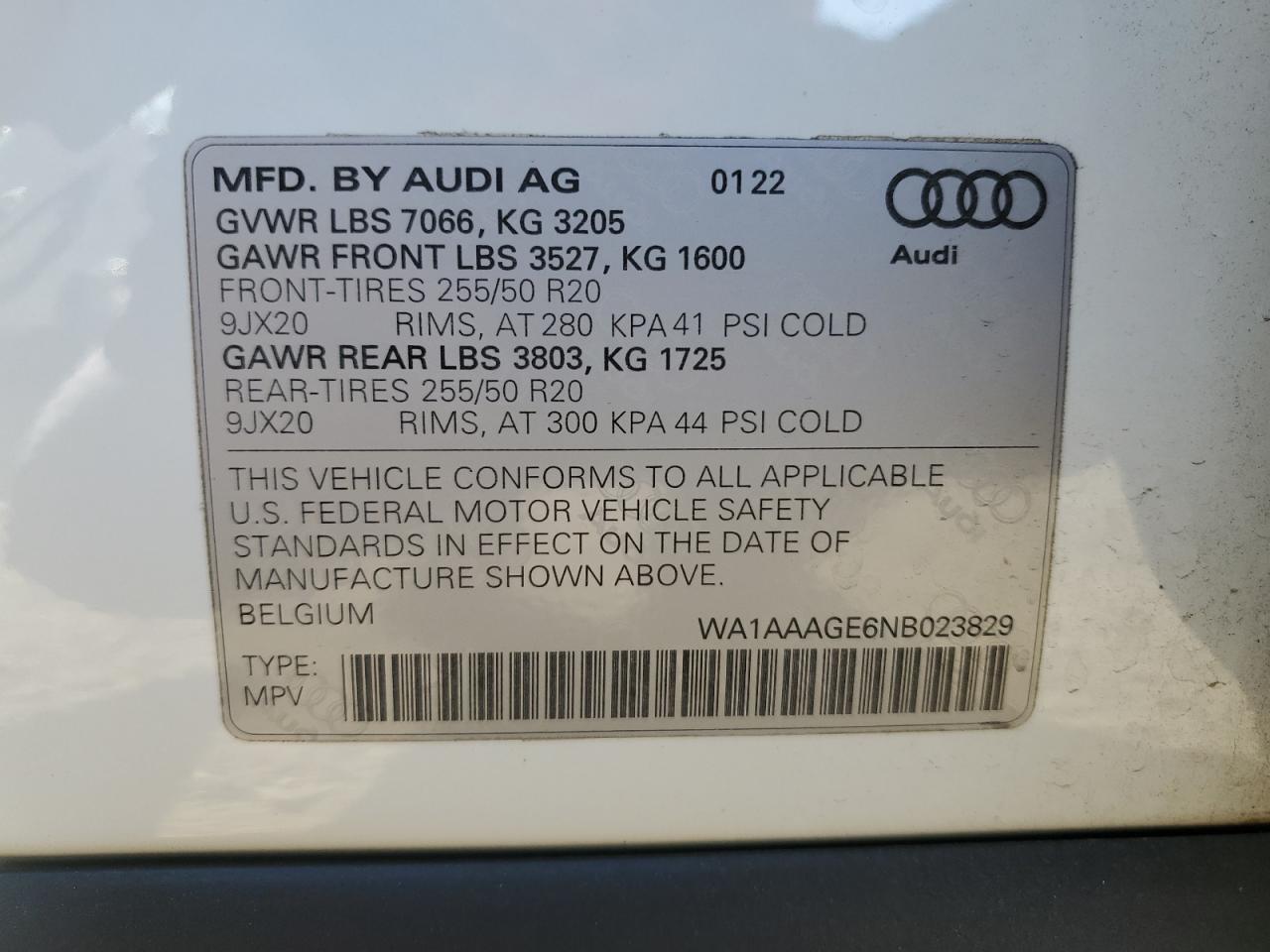 2022 AUDI E-TRON PREMIUM VIN:WA1AAAGE6NB023829