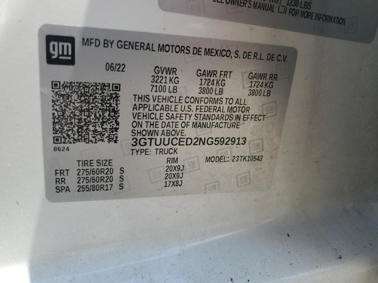2022 GMC SIERRA K1500 ELEVATION VIN:3GTUUCED2NG592913