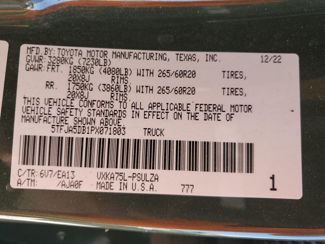 2023 TOYOTA TUNDRA CREWMAX LIMITED VIN:5TFJA5DB1PX071803