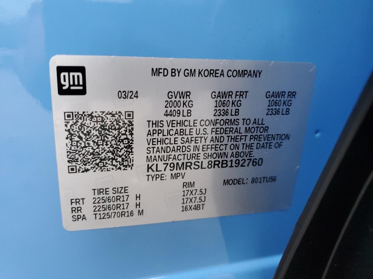 2024 CHEVROLET TRAILBLAZER LT VIN:KL79MRSL8RB192760