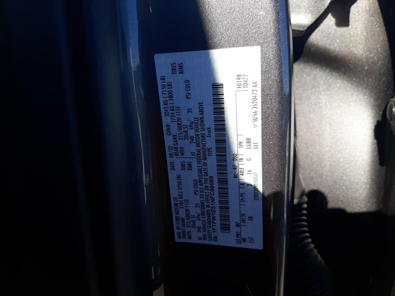 2022 FORD F150 SUPERCREW VIN:1FTFW1E51NFC09089