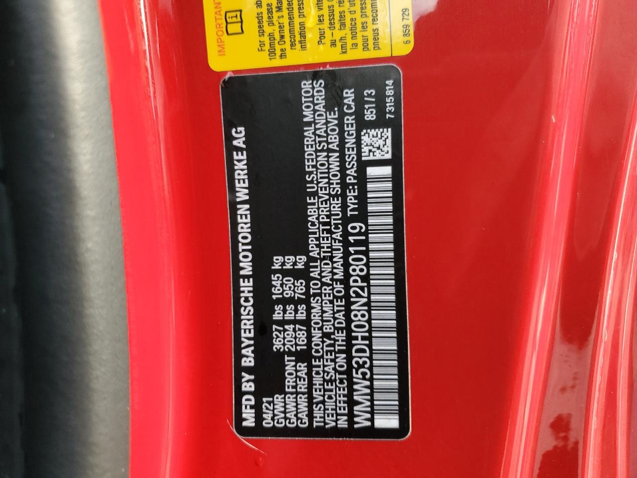 2022 MINI COOPER S VIN:WMW53DH08N2P80119