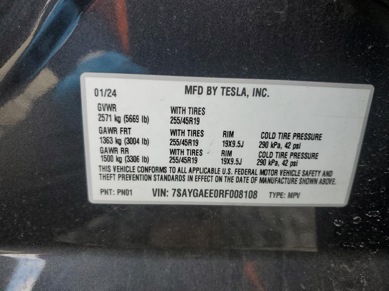 2024 TESLA MODEL Y  VIN:7SAYGAEE0RF008108