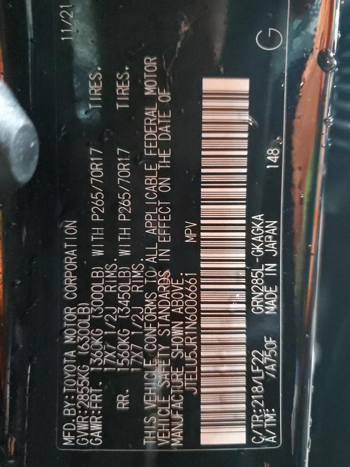 2022 TOYOTA 4RUNNER SR5 PREMIUM VIN:JTELU5JR1N6006661