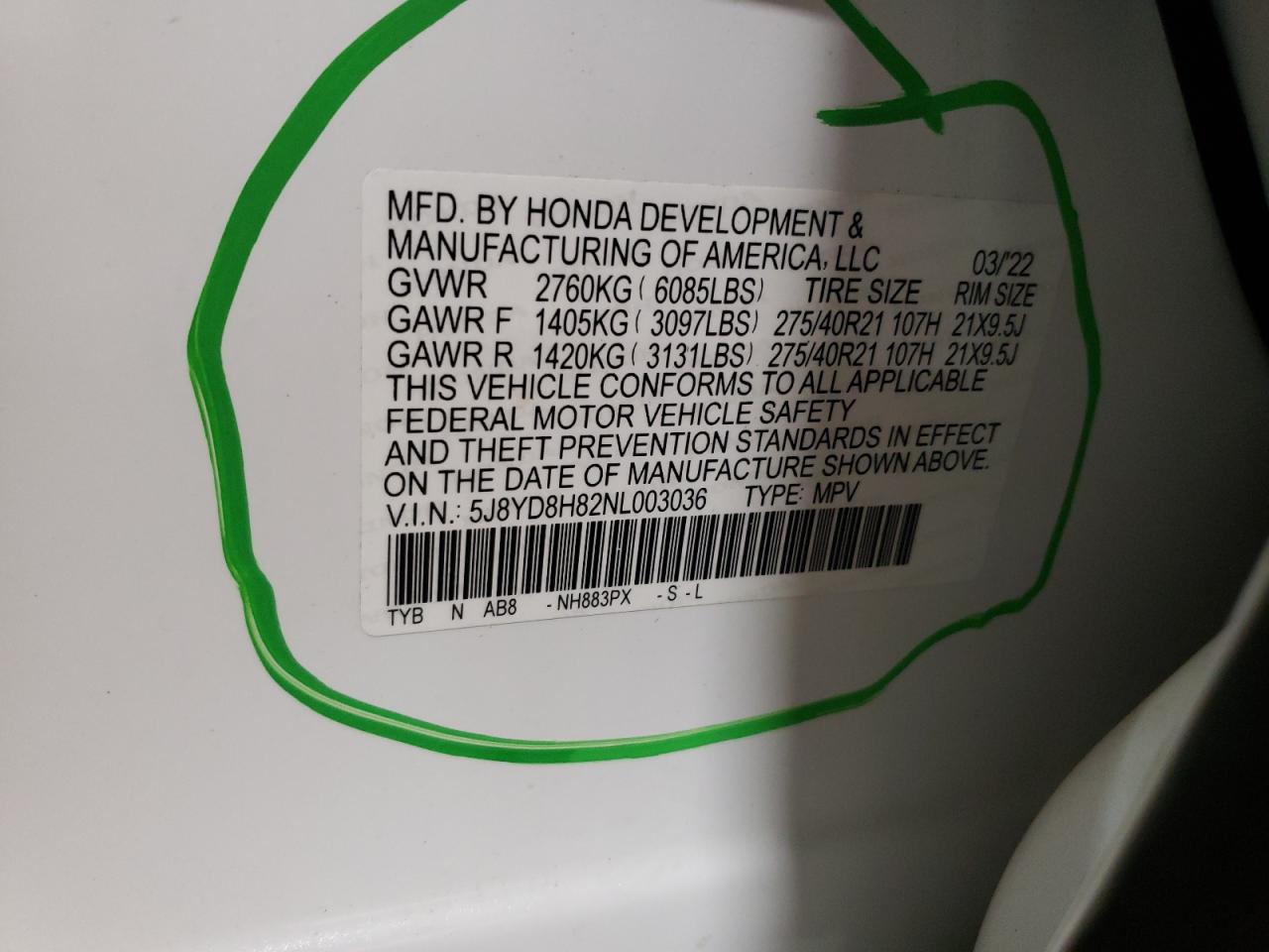 2022 ACURA MDX TYPE S ADVANCE VIN:5J8YD8H82NL003036