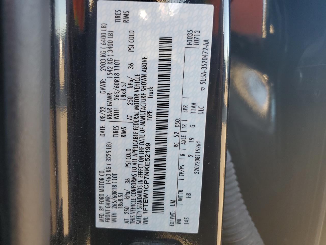 2022 FORD F150 SUPERCREW VIN:1FTEW1CP7NKE52199