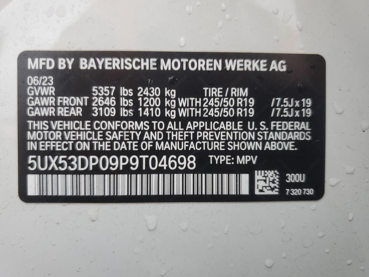 2023 BMW X3 XDRIVE30I VIN:5UX53DP09P9T04698