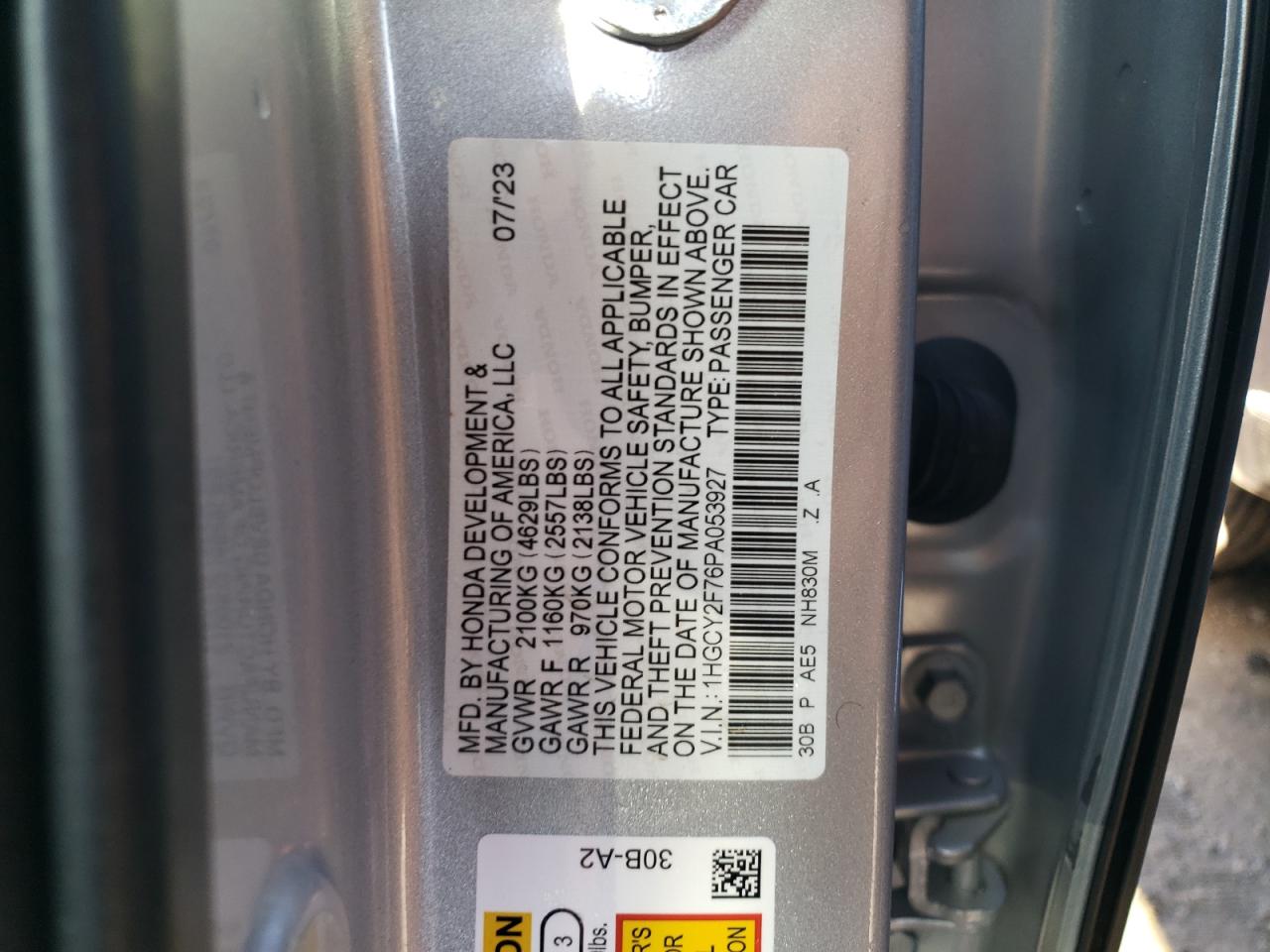 2023 HONDA ACCORD HYBRID SPORT-L VIN:1HGCY2F76PA053927