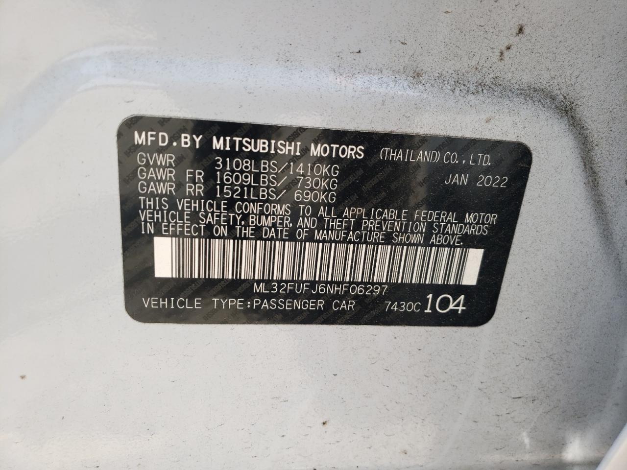 2022 MITSUBISHI MIRAGE G4 ES VIN:ML32FUFJ6NHF06297