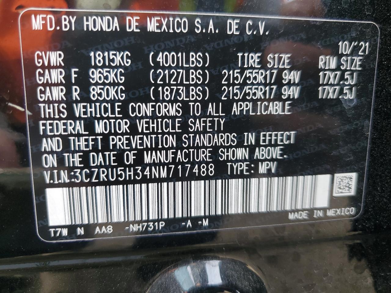 2022 HONDA HR-V LX VIN:3CZRU5H34NM717488
