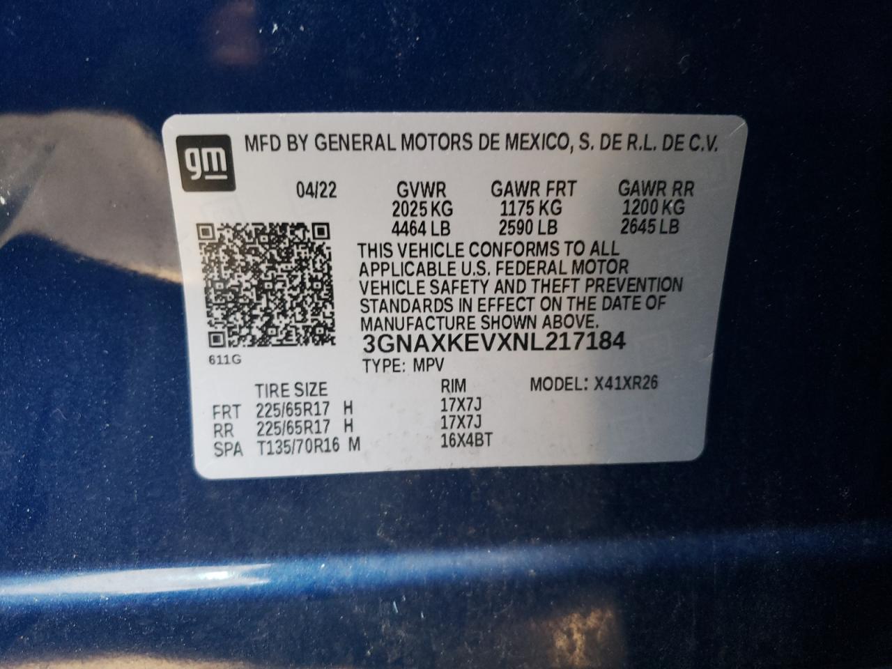 2022 CHEVROLET EQUINOX LT VIN:3GNAXKEVXNL217184