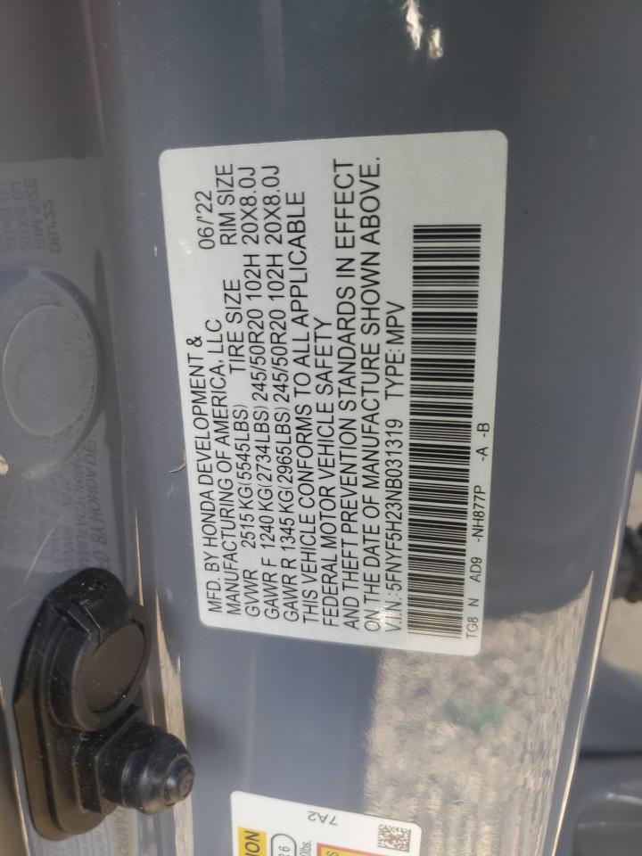 2022 HONDA PILOT SE VIN:5FNYF5H23NB031319